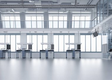 Makine, bilgisayar ekranı ve masaları olan 3D içerik ya da imalat fabrikası