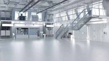 Makine, bilgisayar ekranı ve masaları olan 3D içerik ya da imalat fabrikası