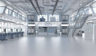 Makine, bilgisayar ekranı ve masaları olan 3D içerik ya da imalat fabrikası