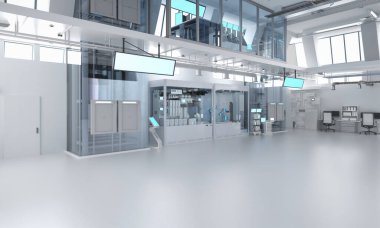 Makine, bilgisayar ekranı ve masaları olan 3D içerik ya da imalat fabrikası