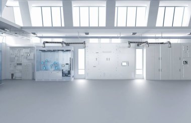 Makine, bilgisayar ekranı ve masaları olan 3D içerik ya da imalat fabrikası