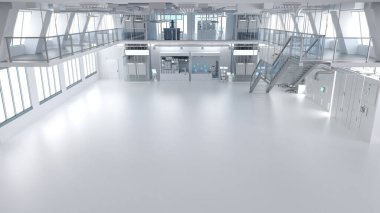 Makine, bilgisayar ekranı ve masaları olan 3D içerik ya da imalat fabrikası