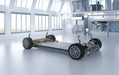 Elektrikli araba araştırma ve geliştirme. Laboratuvardaki platformda her arabayı batarya hücre modülü ile hazırlıyor.