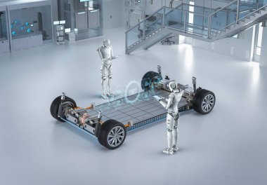 Platform üzerinde pil hücre modülü paketi olan her arabayı 3D görüntüleme robotu ile elektrikli araba araştırması ve geliştirme