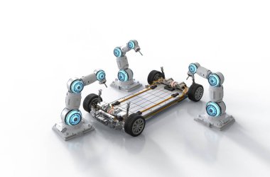 Otomotiv otomobil fabrikası konsepti. Platformunda elektrikli araba aküsü modülü olan 3 boyutlu robot montaj hattı.