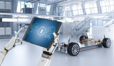 Platform üzerinde pil hücre modülü paketi olan her arabayı 3D görüntüleme robotu ile elektrikli araba araştırması ve geliştirme