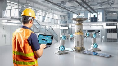 Laboratuvarda uydu anteni üreten Asyalı mühendis veya teknisyen