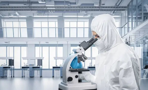 Worker or scientist wears medical protective suit or white coverall suit look through microscope in laboratory