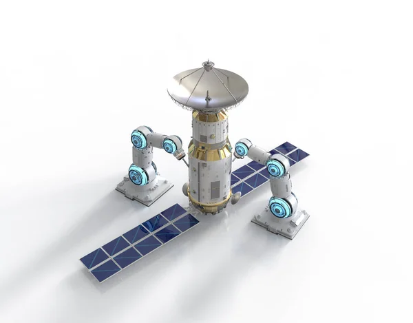 3Dレンダリングロボットアーム製造衛星ディッシュによる通信技術コンセプト — ストック写真