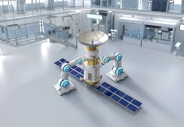 Telecommunicatietechnologie Concept Met Rendering Robotarm Productie Satelliet Schotel — Stockfoto