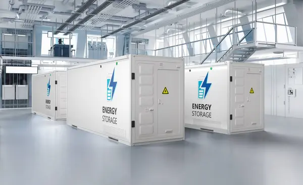 3d rendering amount of energy storage systems or battery container units in factory