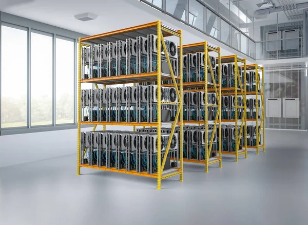 3d rendering crypto mining farm with graphic card or gpu rack in warehouse