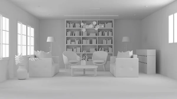 Rendering Monochromen Wohnzimmereinrichtung Gemütlichen Stil Mit Bücherregal — Stockfoto