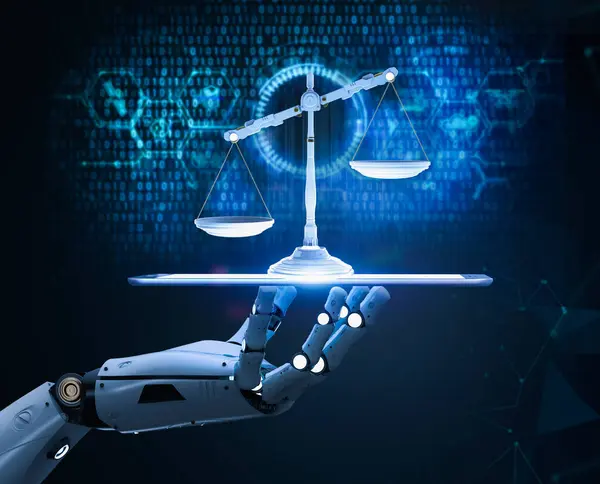 Concepto Ley Cibernética Con Representación Mano Robótica Celebración Escala Ley — Foto de Stock