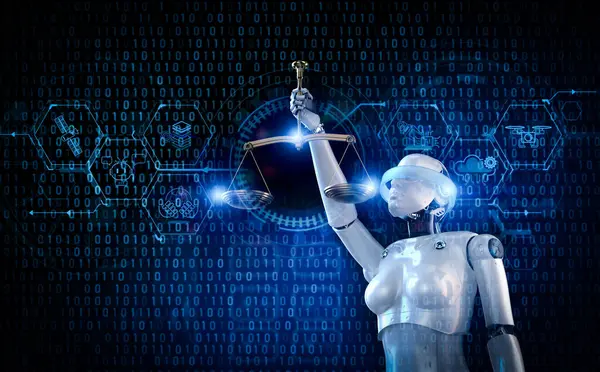 Rendering Robotic Lady Justice Hand Hold Law Scale — Stock Photo, Image