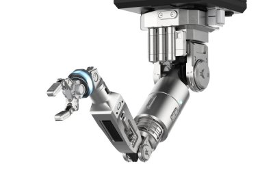 Metalik ai robotik kol beyaz arkaplanda izole ediliyor