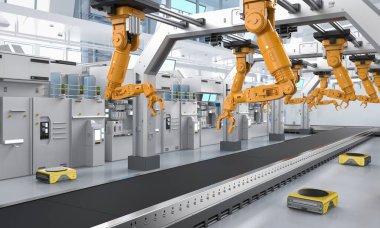 Otomasyon endüstrisi konsepti fabrikada 3 boyutlu robot üretim hattıyla