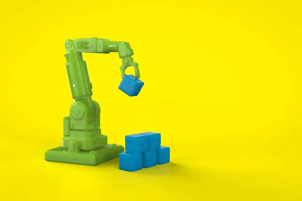 Rendering Robotic Arm Arrange Toy Blocks House Animation — Stock Photo, Image
