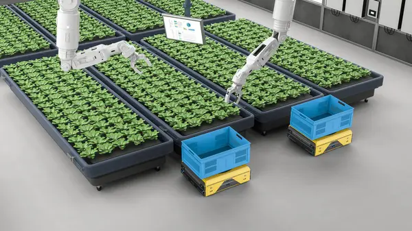 Tecnología Agrícola Con Asistente Robot Renderizado Granjas Interiores Invernaderos —  Fotos de Stock