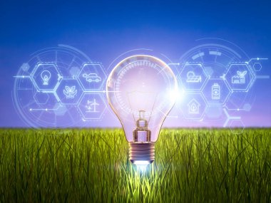 Yenilenebilir ve sürdürülebilir enerji gelişimi 3D görüntüleme fikri ampulü ve grafik ekran