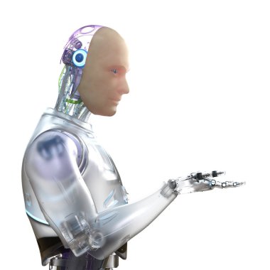 3D suni deri ya da insan benzeri deri robot açık elle beyaza izole edilmiş.