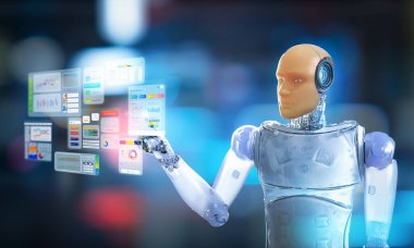 3D suni deri ya da insan benzeri dijital ekranlı ai robot.