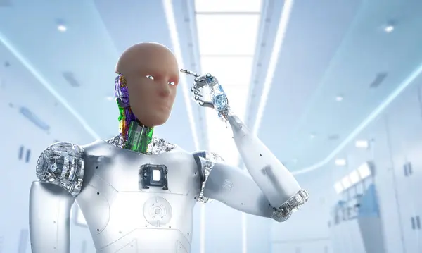 工厂三维渲染人造皮肤或人形皮肤Ai机器人 — 图库照片