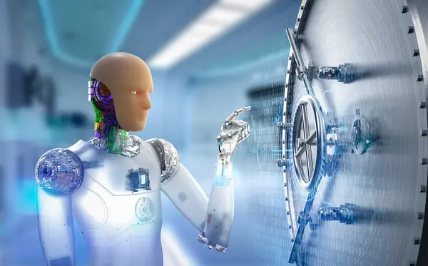 3d rendering artificial skin or human-like skin ai robot work with vault door