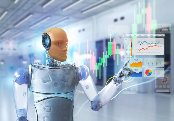 Financial technology concept with 3d rendering humanoid robot analyze stock market