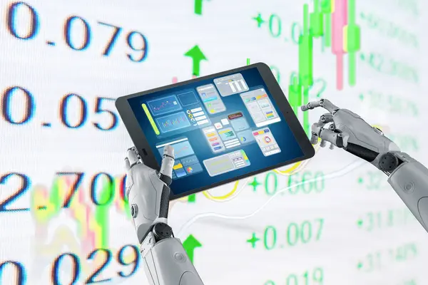 Conceptul Tehnologie Financiară Redare Robotul Umanoid Analizează Piața Valori Tabletă — Fotografie, imagine de stoc