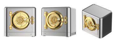 Metalik banka kurtarıcıları ya da beyaz üzerine izole edilmiş çelik korumalar 3D grubunu oluşturur