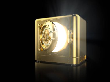 3D altın bankayı güvenli ya da parlak ışıkla açılan çelik kasa