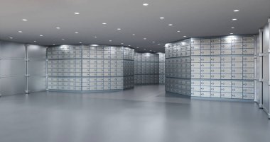3d rendering safe deposit boxes inside bank vault interior clipart