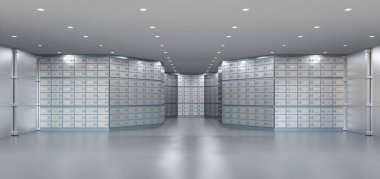 3d rendering safe deposit boxes inside bank vault interior clipart