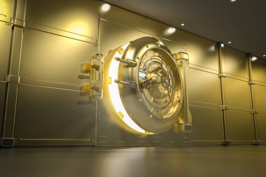 3D altın banka kasa kapısı Parlak ışıkla açılıyor