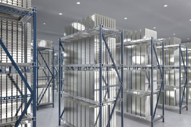 3D gümüş külçeler banka kasasında.