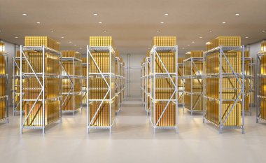 3D altın külçeleri banka kasasında.