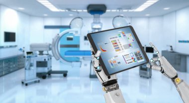 3D grafiksel arayüzü olan doktor robotlu tıbbi teknoloji konsepti