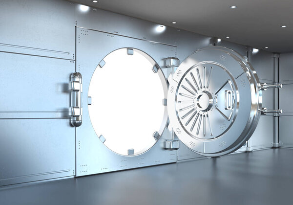 3d rendering bank vault opened with deposit boxes inside