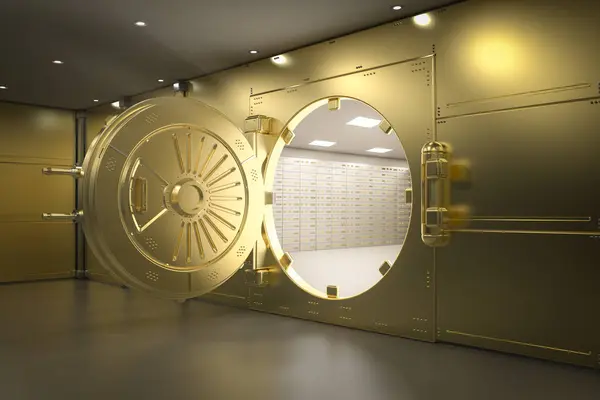 3d rendering golden bank vault door open with shining light