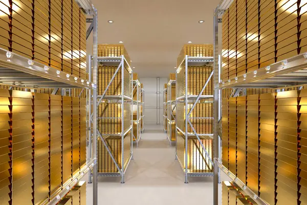 3d rendering heap of gold bullion in bank vault safe