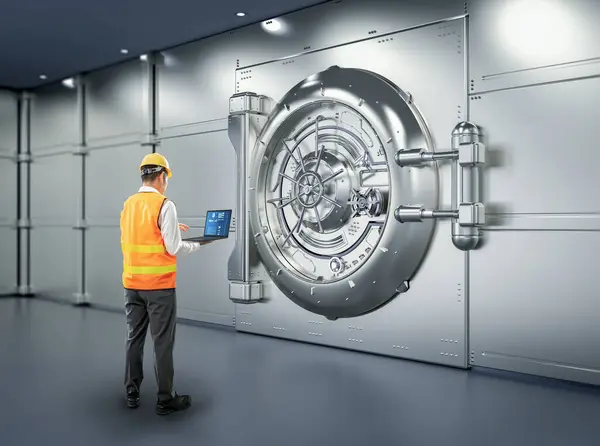 Инженер Техник Работающий Дверью Цифрового Банковского Хранилища — стоковое фото