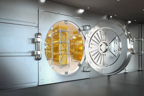 3d rendering bank vault door opened with bullion inside