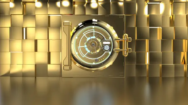 Rendering Gouden Bank Kluis Deur Met Gouden Muur Interieur — Stockfoto