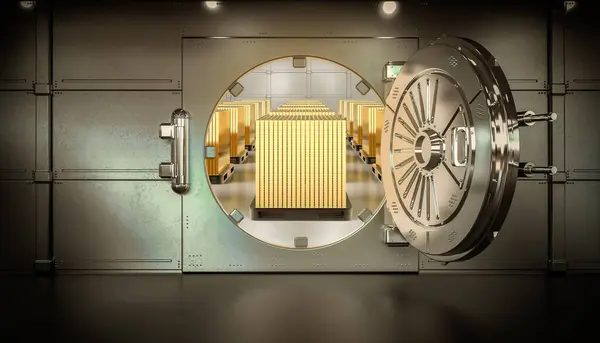 3d rendering bank vault door opened with bullion inside
