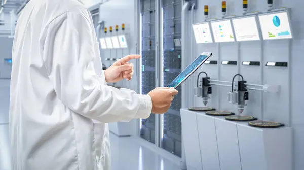 Worker Engineer Wears Lab Coat Work Semiconductor Manufacturing Factory — Stock Photo, Image