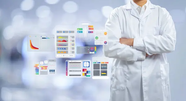 Arzt Trägt Weißen Laborkittel Mit Farbenfroher Grafischer Oberfläche Stockbild