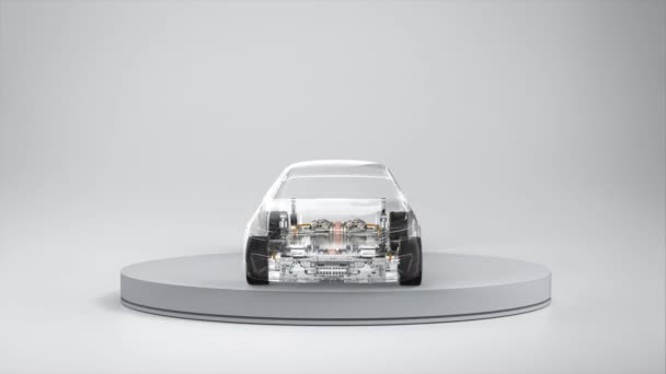 プラットホームのビデオ4Kの電池のモジュールのパックが付いている3Dレンダリング Ev車か電気車 — ストック動画