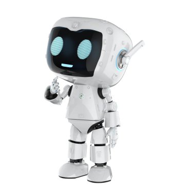 3D görüntüleme sevimli ve küçük yapay zeka kişisel asistan robot çizgi film karakteri parmak izi beyaz üzerinde izole