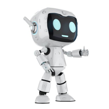 3D görüntüleme sevimli ve küçük yapay zeka kişisel asistan robot çizgi film karakteri baş parmağı beyaz üzerinde izole